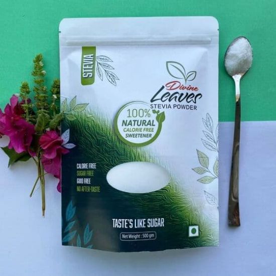 Divine Leaves Stevia Powder 100% Natural and Sugar free Sweetener fssai certified. Zero calorie ideal sweetener for diabetics and diet conscious people.  Best Sugar Substitute.