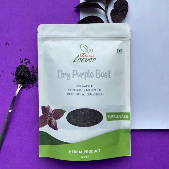 Divine Leaves Dry Purple Basil Herbal Product Pack of 100gm. It is beautiful, coppery glow, and clove with light spicy flavor. You can feel the flavor of basil vary due to essential volatile oils present in the herb. It has anti-inflammatory  properties that can help in decreasing risk of heart diseases. It can also help in lower blood pressure, treating respiratory disorders, managing blood glucose levels, improving digestion, and so on.