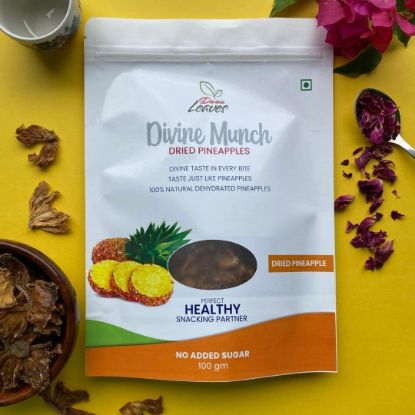 Divine Munch Pineapple Chips pack of 50 & 100gm. You will feel 100% pure pineapple taste in it. These pineapple chips are natural dried pineapples without any artificial ingredients. It is best healthy snacking partner for all seasons.  