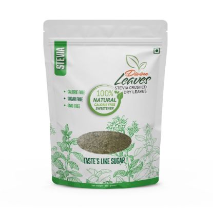 Divine Leaves Fresh Stevia Leaves plucked and finely hand crushed making them perfect for use in your Tea, Coffee, or Desserts. These Stevia crushed dry leaves are with zero calorie, 100% natural and safe. This is best substitute of sugar.	