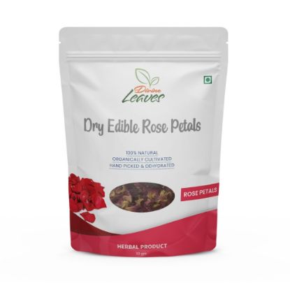 Divine Leaves Dry Edible Rose Petals, 100% natural, organic cultivated, hand picked pack of 50gm. You can feel perfect texture and sweetness of Divine Leaves Edible Rose Petals. It helps you in increase your immunity, helps in weight loss and it is natural stress buster.	