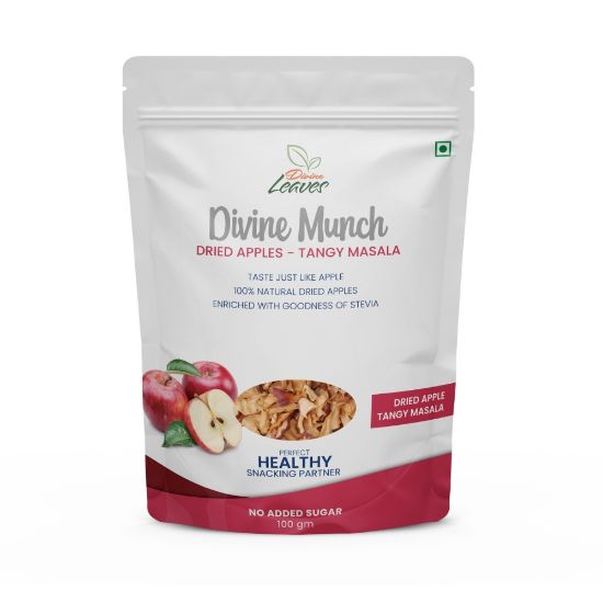 Divine Munch Apple Tangy Masala Chips taste like an pure apple, 100% natural dried apple enriched with goodness of Stevia. It is best snack partner which is not only sweet but have all the benefits of apple. It is healthiest choice for snacks. It comes with amazing health benefits and 100% natural apple taste.	
