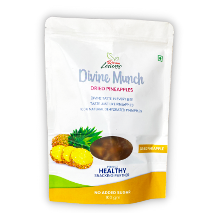Divine Munch Pineapple Chips pack of 50 & 100gm. You will feel 100% pure pineapple taste in it. These pineapple chips are natural dried pineapples without any artificial ingredients. It is best healthy snacking partner for all seasons.