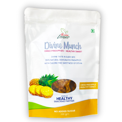 Divine Munch Pineapple Chips (Healthy Sweet) pack of 100 & 50gm it has taste in every time. 100% natural dehydrated pineapple with zero calorie. Pineapple chips are blended with Divine leaves Stevia Sweetener. It is 100% natural with zero calories it doesn't contain any artificial sugar which is best for diabetics. It is healthiest snacking partner for every age groups.