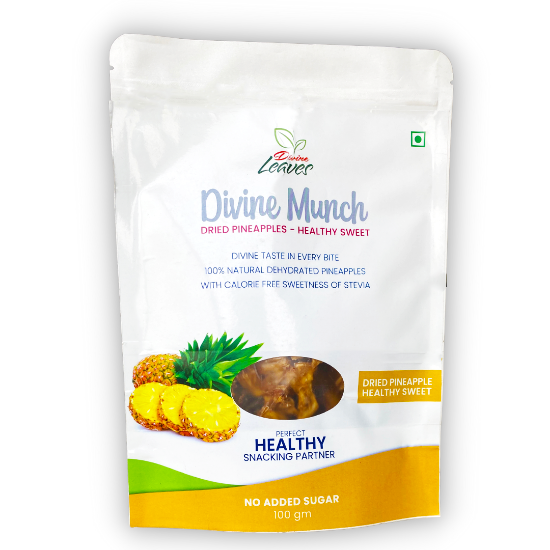 Divine Munch Pineapple Chips (Healthy Sweet) pack of 100 & 50gm it has taste in every time. 100% natural dehydrated pineapple with zero calorie. Pineapple chips are blended with Divine leaves Stevia Sweetener. It is 100% natural with zero calories it doesn't contain any artificial sugar which is best for diabetics. It is healthiest snacking partner for every age groups.