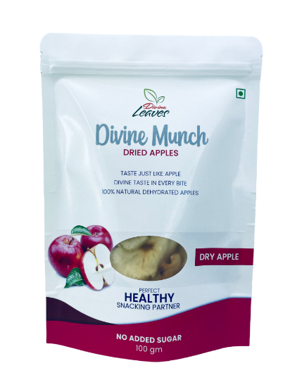 Divine Leaves Divine Munch Apple Chips are 100% pure dried apple available in the pack of 100 & 50gm. These dried apples chips are 100% pure, natural dried apples without any artificial ingredients. This is perfect snacking partner for all age group. It come with lots of health benefits like it is good source of vitamin C which help you in increase your immunity. It has other health benefits like it help in weight loss. It is diabetic friendly fruit suitable for everyone.