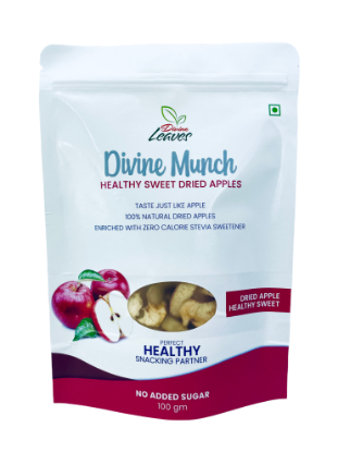 Divine Leaves Divine Munch Apple Chips (Healthy Sweet) 100% natural dried apple enhance with zero calories stevia sweetener are available in the pack of 100 & 50gm. This Divine Munch Dried Apple are 100% natural