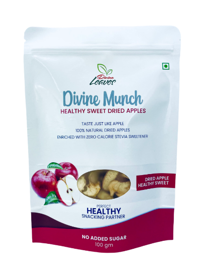 Divine Leaves Divine Munch Apple Chips (Healthy Sweet) 100% natural dried apple enhance with zero calories stevia sweetener are available in the pack of 100 & 50gm. This Divine Munch Dried Apple are 100% natural